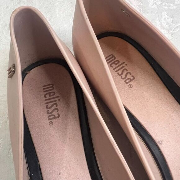 Melissa Pink Ballet Flats with Black Bow Rubber Slip On Size 7 - Picture 8 of 11